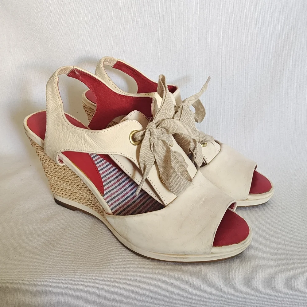 Johnston & Murphy Wedge Sandals Lace Up Espadrilles Cream 6.5 Leather‎ Natural
